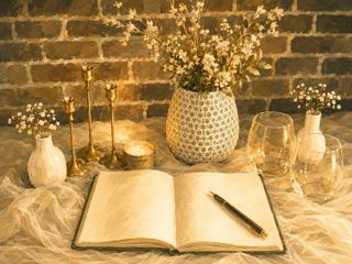 A Golden Hive Gatherings tablescape with an open guest sign-in book