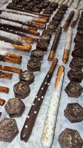 Hand-decorated chocolate hexagons and dipped pretzel rods